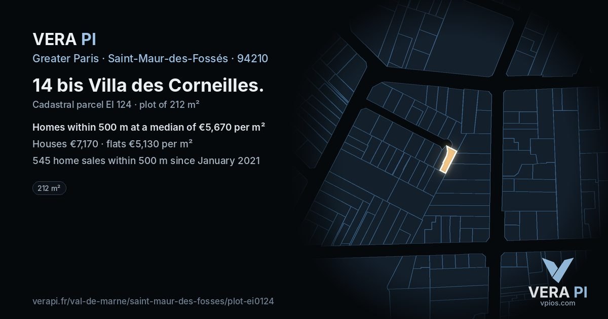 14 bis Villa des Corneilles, Saint-Maur-des-Fossés at night – the plot lit, the parcels around coloured by the prices near them