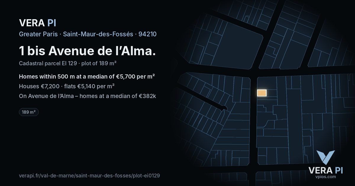 1 bis Avenue de l’Alma, Saint-Maur-des-Fossés at night – the plot lit, the parcels around coloured by the prices near them