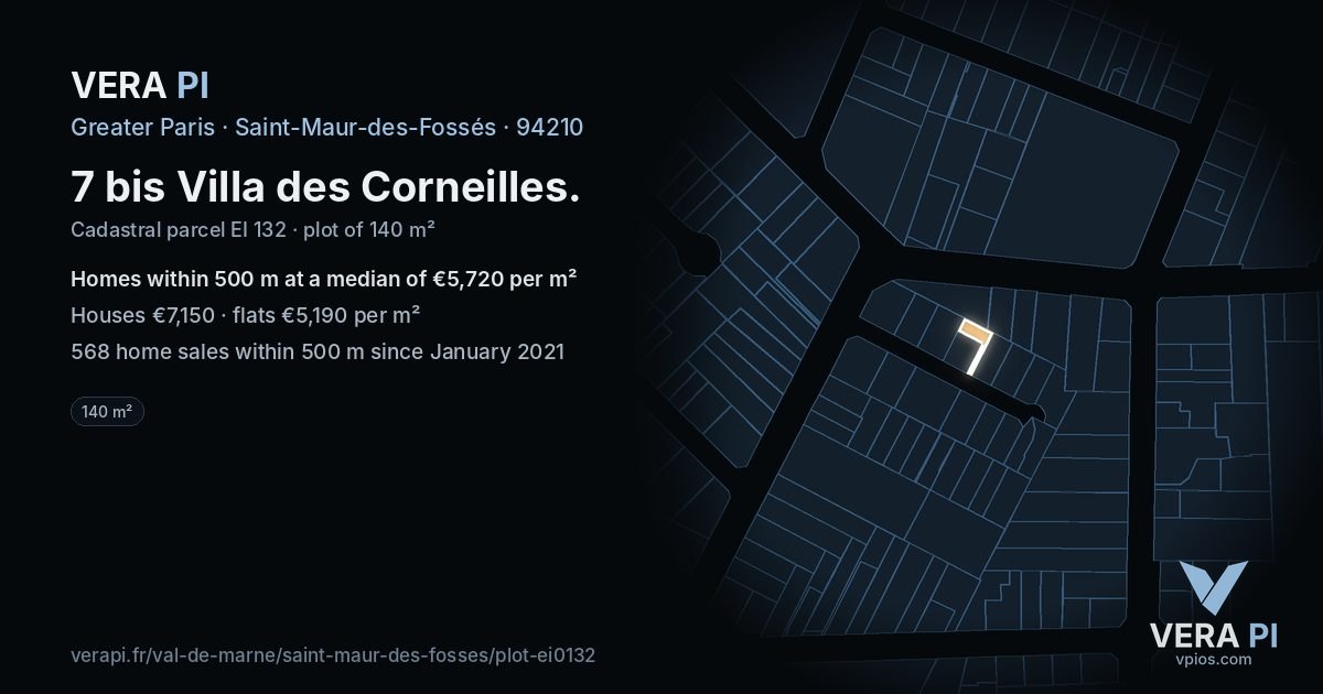 7 bis Villa des Corneilles, Saint-Maur-des-Fossés at night – the plot lit, the parcels around coloured by the prices near them