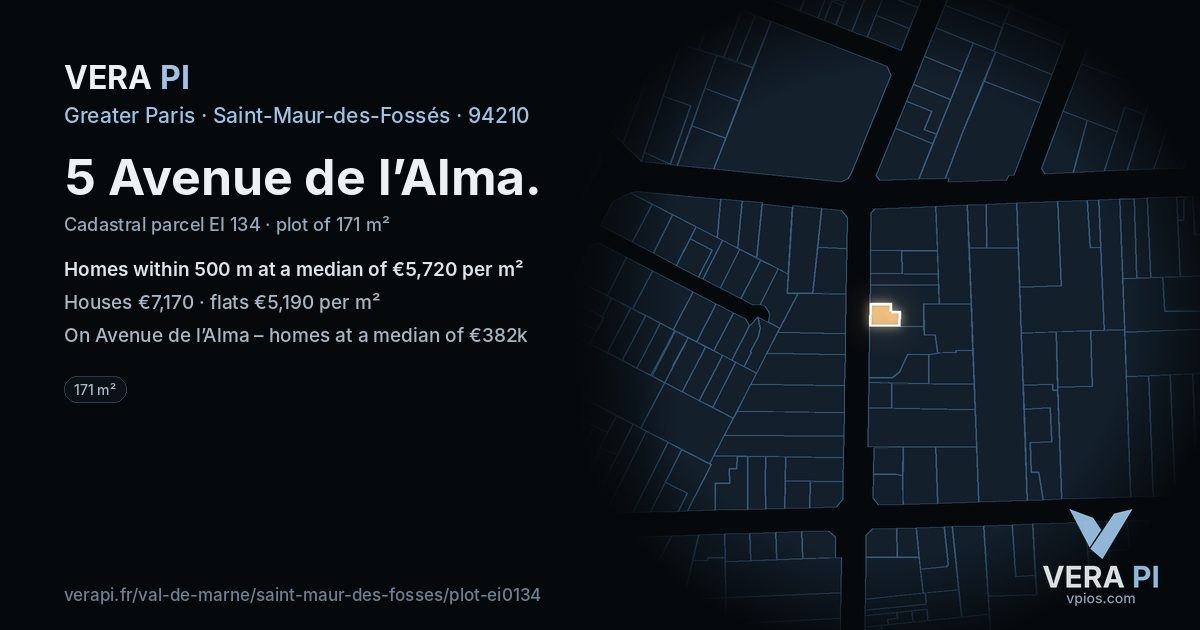 5 Avenue de l’Alma, Saint-Maur-des-Fossés at night – the plot lit, the parcels around coloured by the prices near them