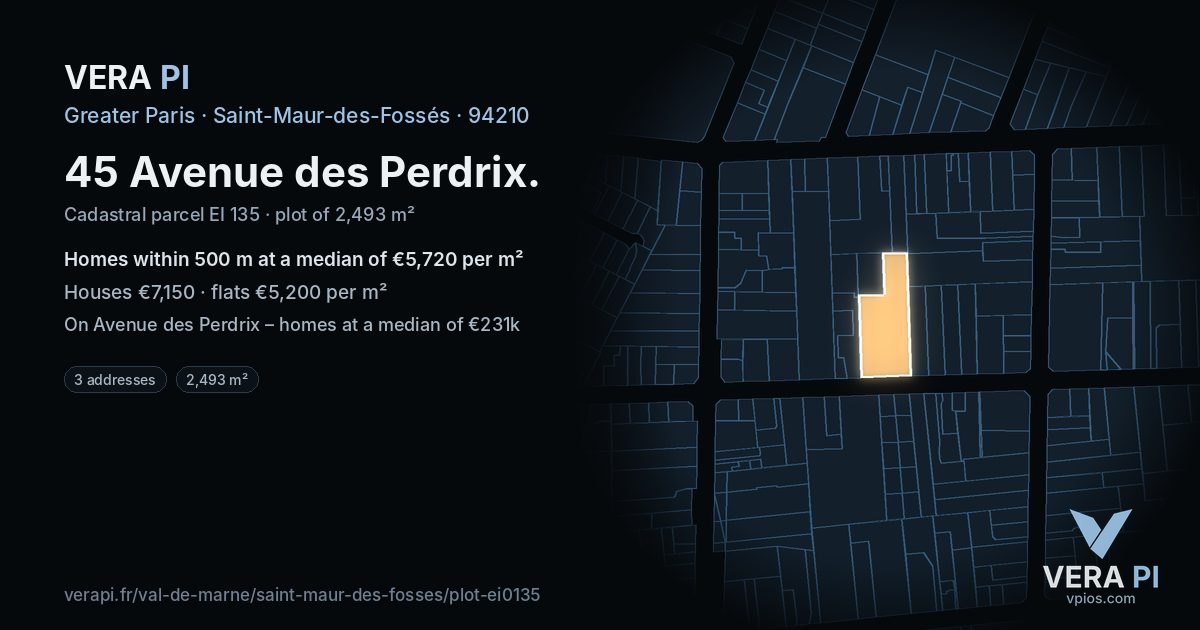 45 Avenue des Perdrix, Saint-Maur-des-Fossés at night – the plot lit, the parcels around coloured by the prices near them