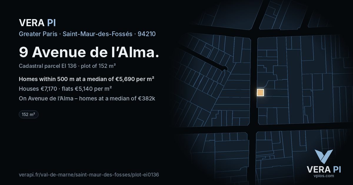 9 Avenue de l’Alma, Saint-Maur-des-Fossés at night – the plot lit, the parcels around coloured by the prices near them