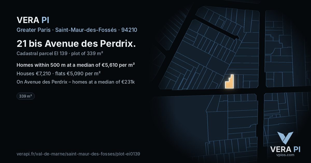21 bis Avenue des Perdrix, Saint-Maur-des-Fossés at night – the plot lit, the parcels around coloured by the prices near them