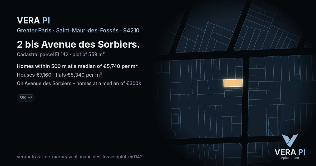 2 bis Avenue des Sorbiers, Saint-Maur-des-Fossés at night – the plot lit, the parcels around coloured by the prices near them