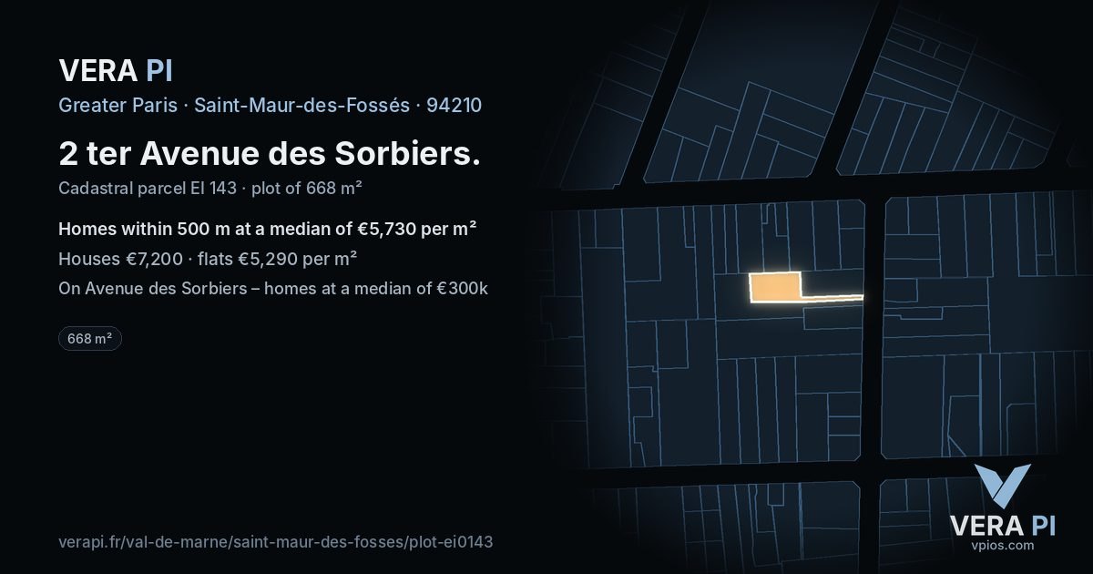 2 ter Avenue des Sorbiers, Saint-Maur-des-Fossés at night – the plot lit, the parcels around coloured by the prices near them