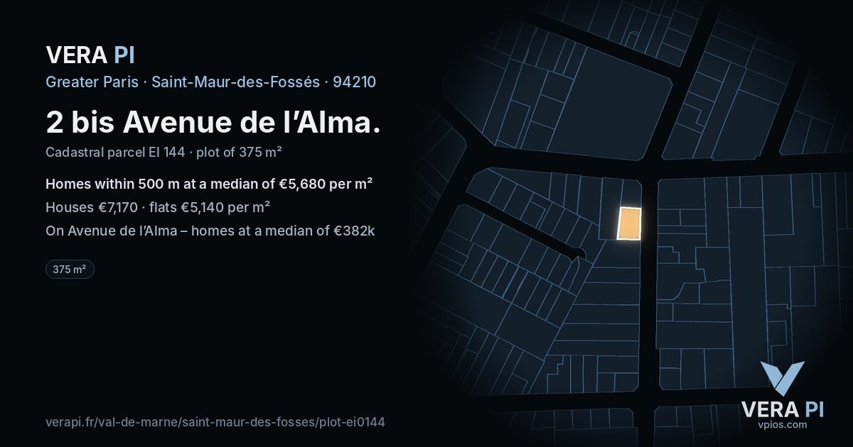 2 bis Avenue de l’Alma, Saint-Maur-des-Fossés at night – the plot lit, the parcels around coloured by the prices near them