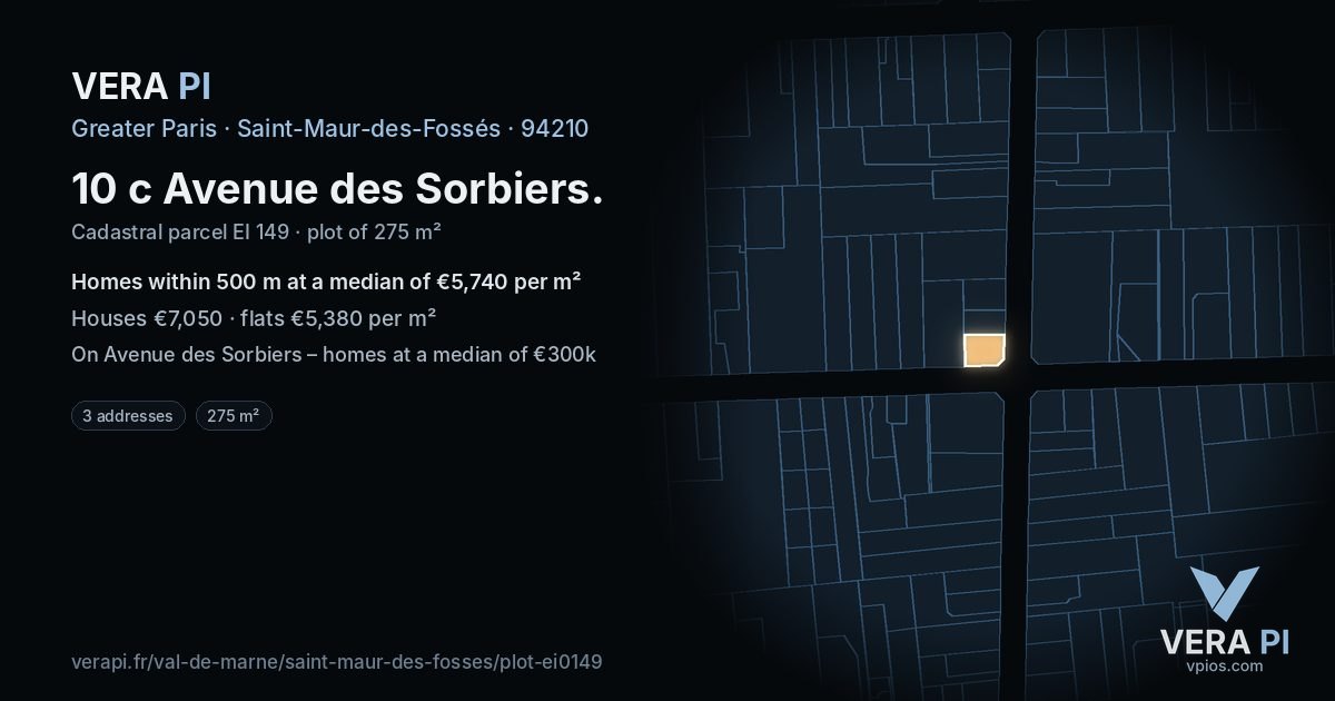 10 c Avenue des Sorbiers, Saint-Maur-des-Fossés at night – the plot lit, the parcels around coloured by the prices near them