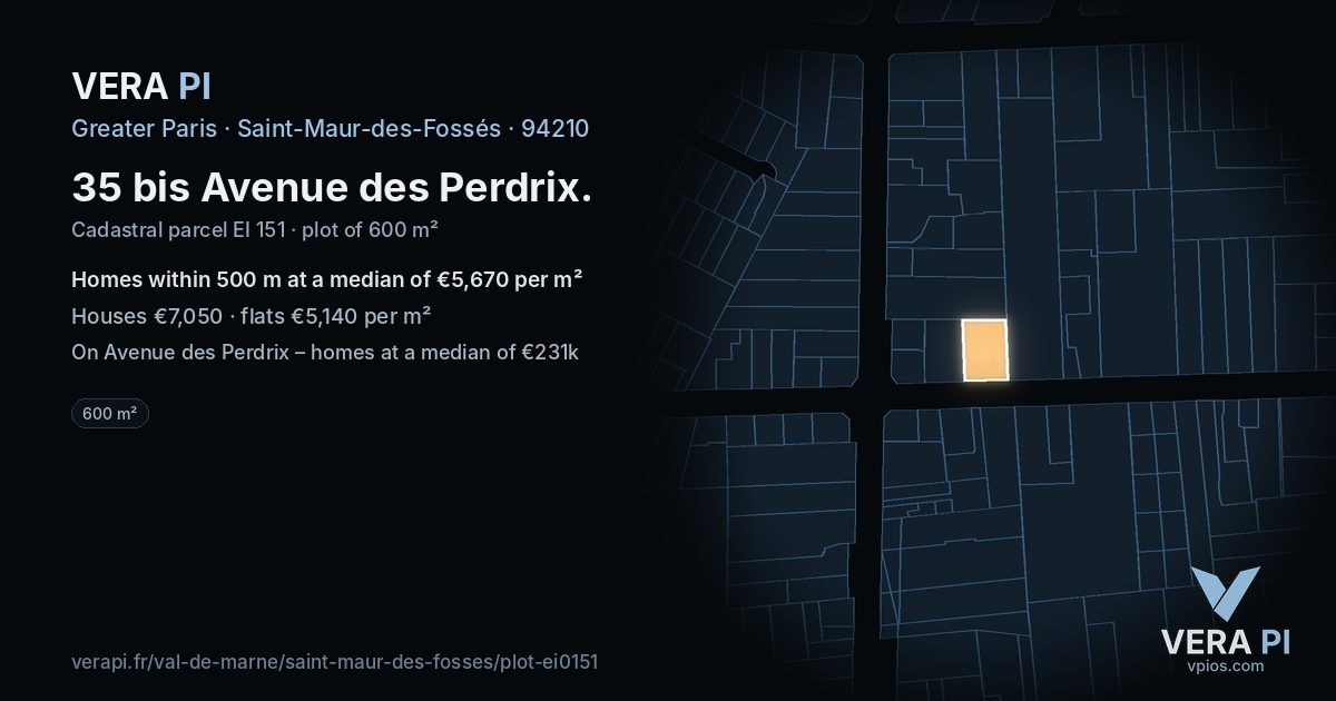 35 bis Avenue des Perdrix, Saint-Maur-des-Fossés at night – the plot lit, the parcels around coloured by the prices near them