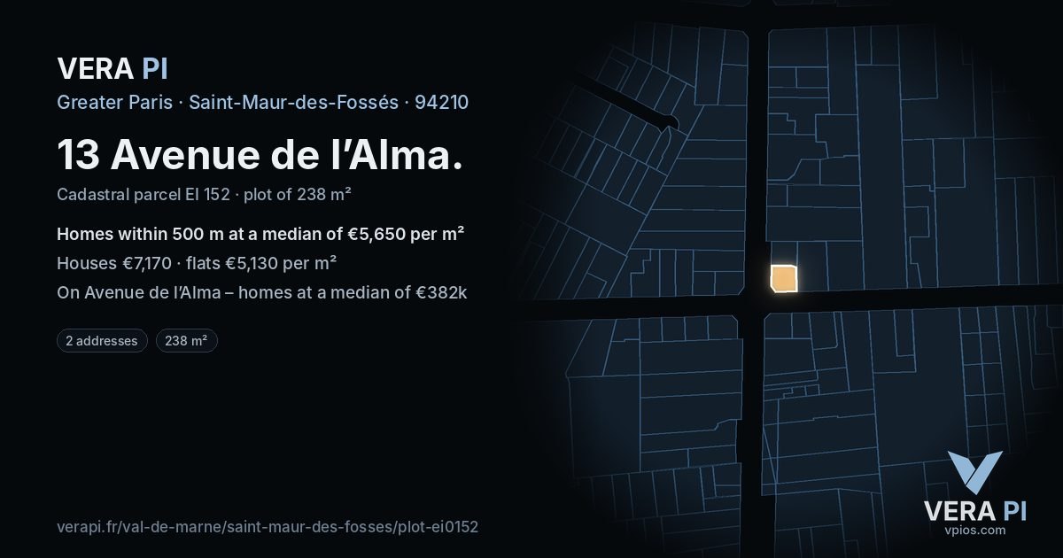 13 Avenue de l’Alma, Saint-Maur-des-Fossés at night – the plot lit, the parcels around coloured by the prices near them