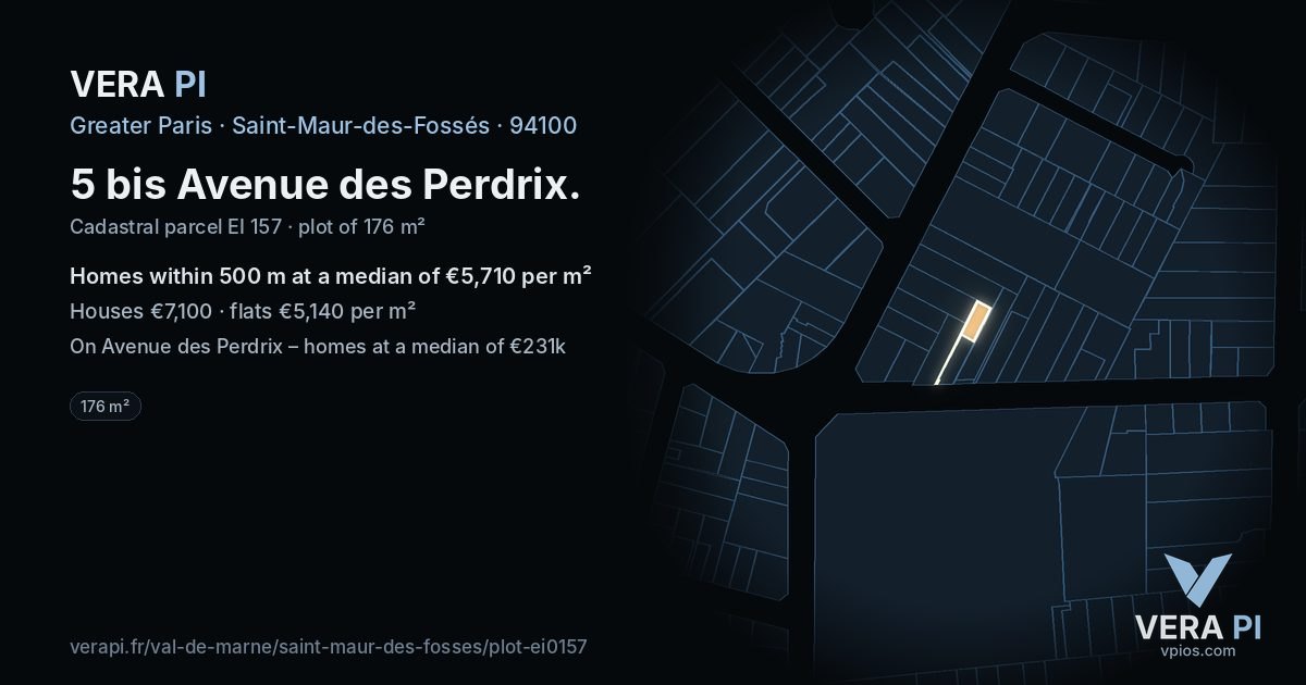 5 bis Avenue des Perdrix, Saint-Maur-des-Fossés at night – the plot lit, the parcels around coloured by the prices near them