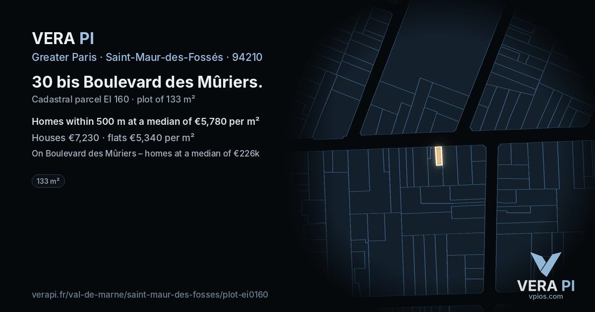 30 bis Boulevard des Mûriers, Saint-Maur-des-Fossés at night – the plot lit, the parcels around coloured by the prices near them