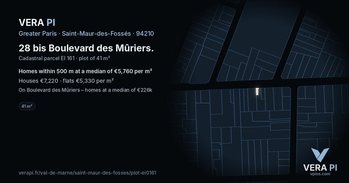 28 bis Boulevard des Mûriers, Saint-Maur-des-Fossés at night – the plot lit, the parcels around coloured by the prices near them