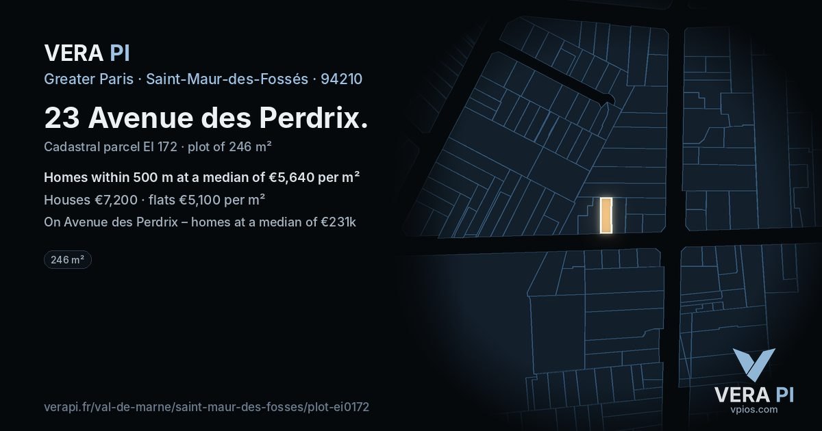 23 Avenue des Perdrix, Saint-Maur-des-Fossés at night – the plot lit, the parcels around coloured by the prices near them