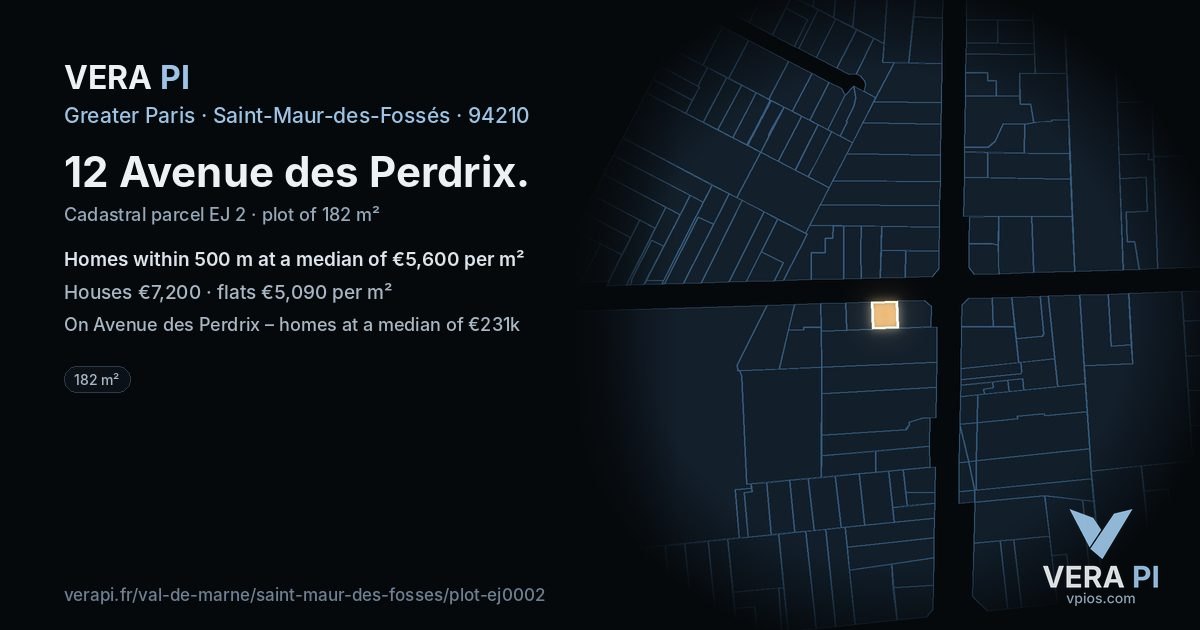 12 Avenue des Perdrix, Saint-Maur-des-Fossés at night – the plot lit, the parcels around coloured by the prices near them