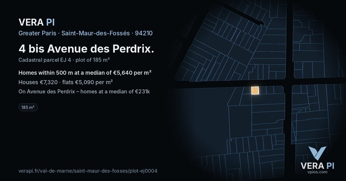 4 bis Avenue des Perdrix, Saint-Maur-des-Fossés at night – the plot lit, the parcels around coloured by the prices near them