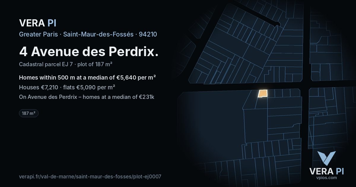 4 Avenue des Perdrix, Saint-Maur-des-Fossés at night – the plot lit, the parcels around coloured by the prices near them