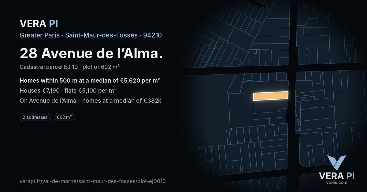 28 Avenue de l’Alma, Saint-Maur-des-Fossés at night – the plot lit, the parcels around coloured by the prices near them