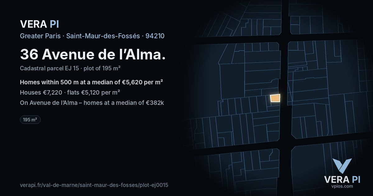 36 Avenue de l’Alma, Saint-Maur-des-Fossés at night – the plot lit, the parcels around coloured by the prices near them