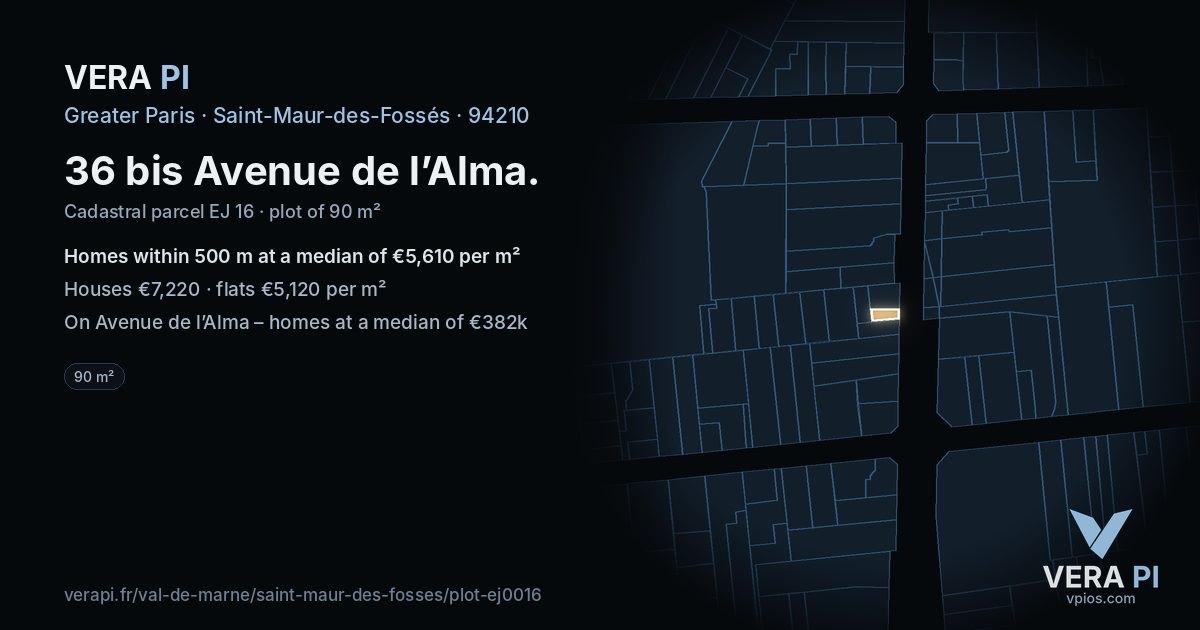 36 bis Avenue de l’Alma, Saint-Maur-des-Fossés at night – the plot lit, the parcels around coloured by the prices near them