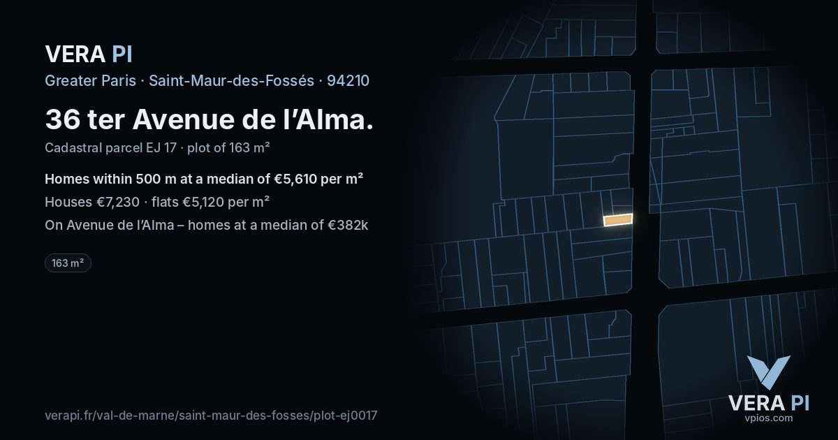 36 ter Avenue de l’Alma, Saint-Maur-des-Fossés at night – the plot lit, the parcels around coloured by the prices near them