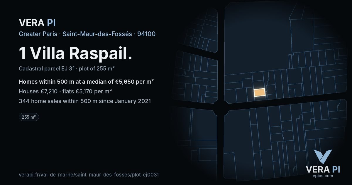 1 Villa Raspail, Saint-Maur-des-Fossés at night – the plot lit, the parcels around coloured by the prices near them