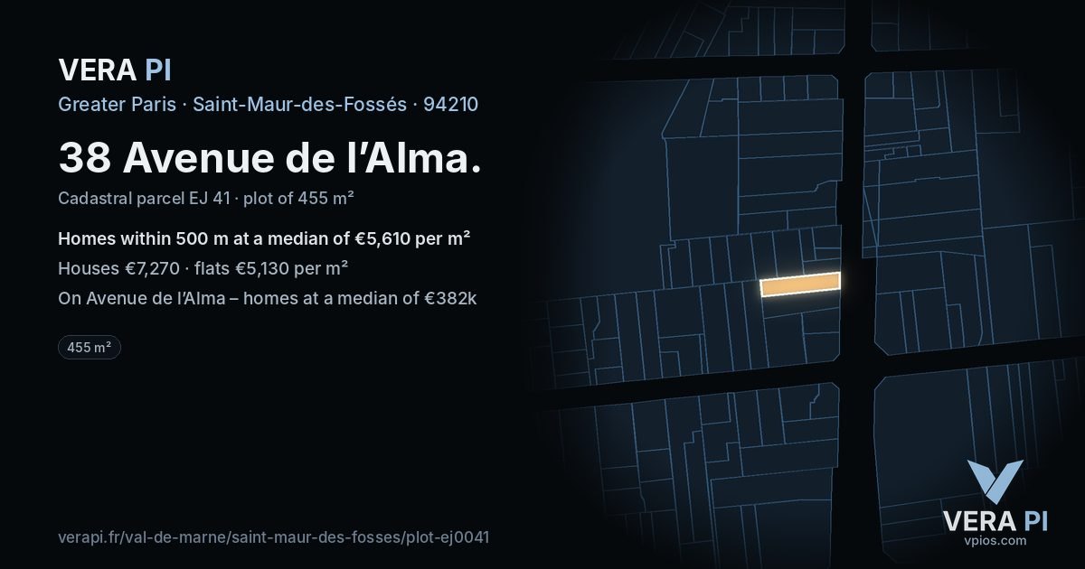38 Avenue de l’Alma, Saint-Maur-des-Fossés at night – the plot lit, the parcels around coloured by the prices near them