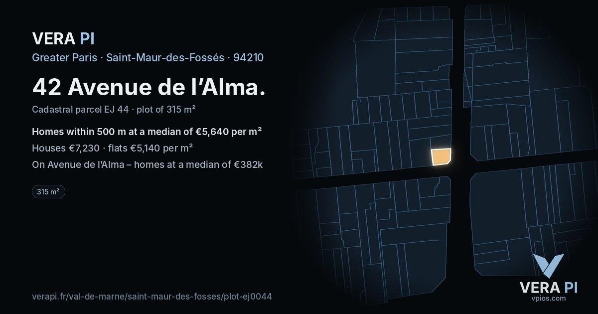 42 Avenue de l’Alma, Saint-Maur-des-Fossés at night – the plot lit, the parcels around coloured by the prices near them