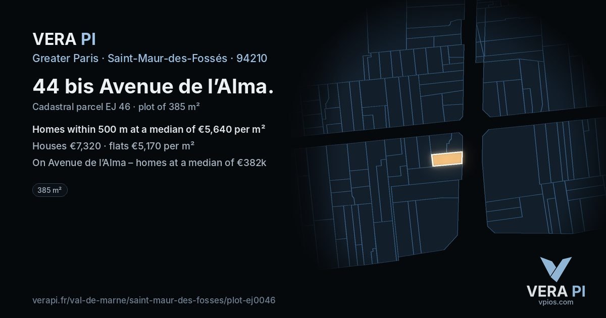 44 bis Avenue de l’Alma, Saint-Maur-des-Fossés at night – the plot lit, the parcels around coloured by the prices near them