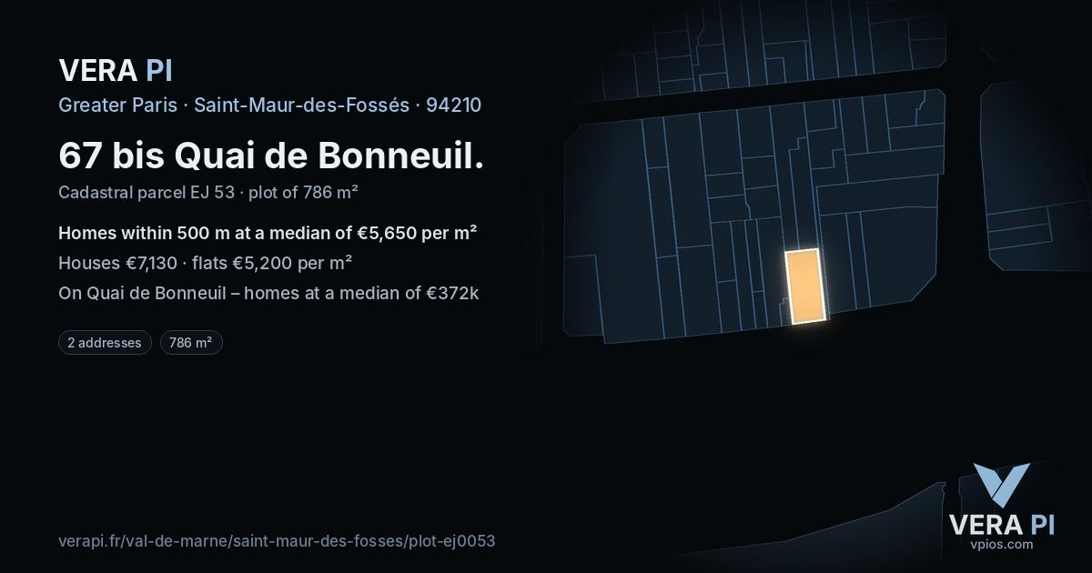 67 bis Quai de Bonneuil, Saint-Maur-des-Fossés at night – the plot lit, the parcels around coloured by the prices near them