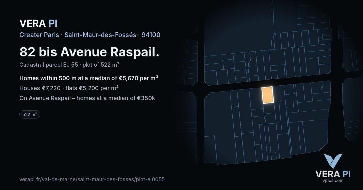 82 bis Avenue Raspail, Saint-Maur-des-Fossés at night – the plot lit, the parcels around coloured by the prices near them