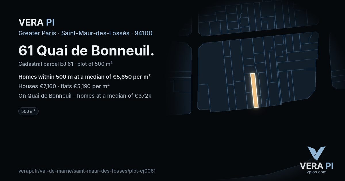 61 Quai de Bonneuil, Saint-Maur-des-Fossés at night – the plot lit, the parcels around coloured by the prices near them