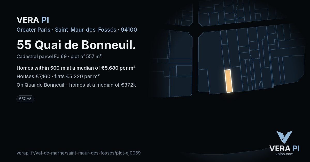 55 Quai de Bonneuil, Saint-Maur-des-Fossés at night – the plot lit, the parcels around coloured by the prices near them