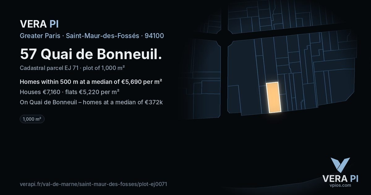 57 Quai de Bonneuil, Saint-Maur-des-Fossés at night – the plot lit, the parcels around coloured by the prices near them