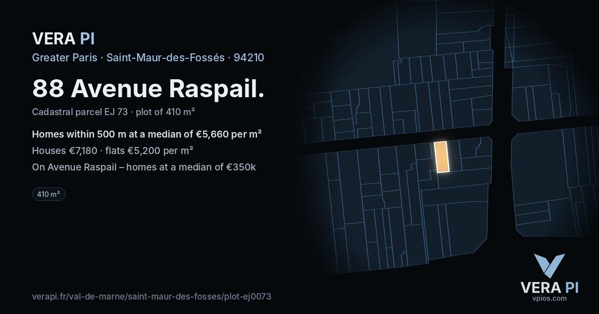 88 Avenue Raspail, Saint-Maur-des-Fossés at night – the plot lit, the parcels around coloured by the prices near them