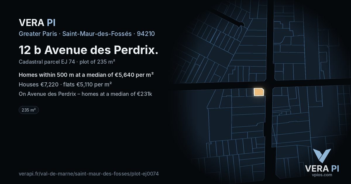 12 b Avenue des Perdrix, Saint-Maur-des-Fossés at night – the plot lit, the parcels around coloured by the prices near them
