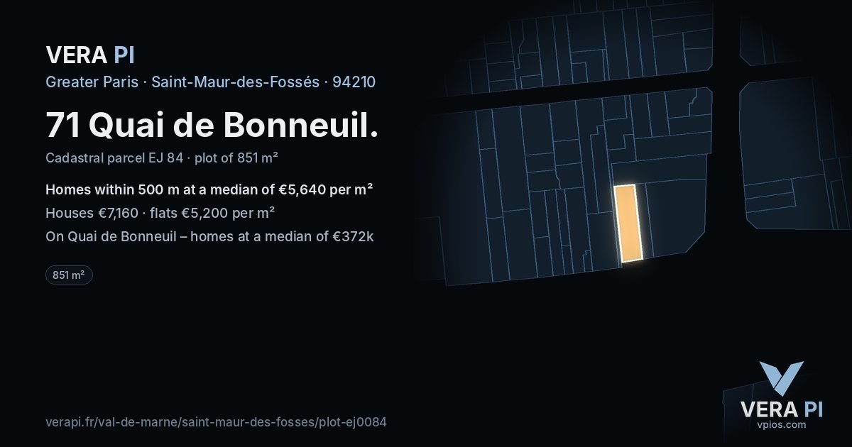 71 Quai de Bonneuil, Saint-Maur-des-Fossés at night – the plot lit, the parcels around coloured by the prices near them