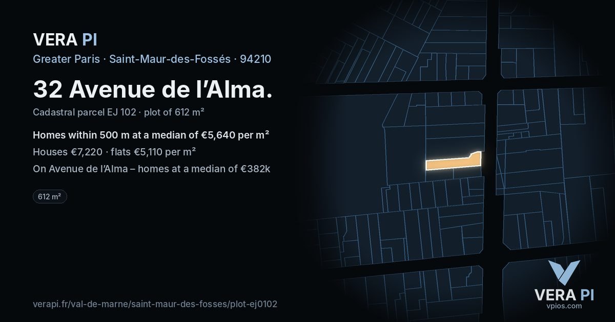 32 Avenue de l’Alma, Saint-Maur-des-Fossés at night – the plot lit, the parcels around coloured by the prices near them