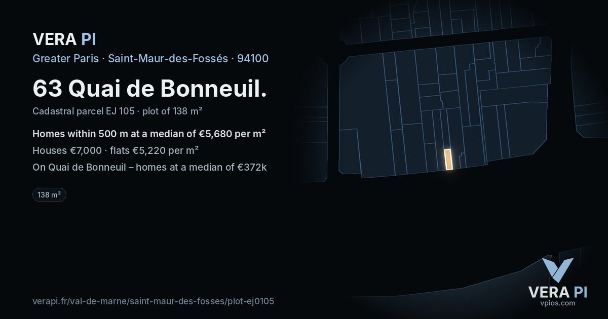 63 Quai de Bonneuil, Saint-Maur-des-Fossés at night – the plot lit, the parcels around coloured by the prices near them