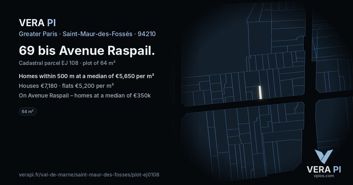 69 bis Avenue Raspail, Saint-Maur-des-Fossés at night – the plot lit, the parcels around coloured by the prices near them