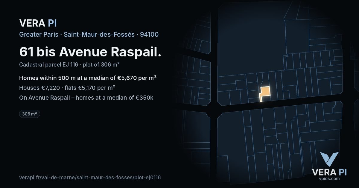 61 bis Avenue Raspail, Saint-Maur-des-Fossés at night – the plot lit, the parcels around coloured by the prices near them