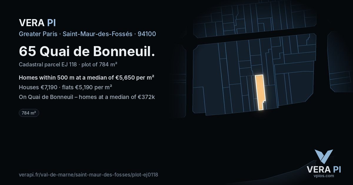 65 Quai de Bonneuil, Saint-Maur-des-Fossés at night – the plot lit, the parcels around coloured by the prices near them