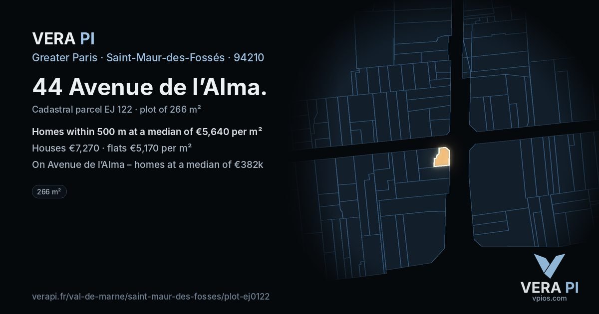 44 Avenue de l’Alma, Saint-Maur-des-Fossés at night – the plot lit, the parcels around coloured by the prices near them
