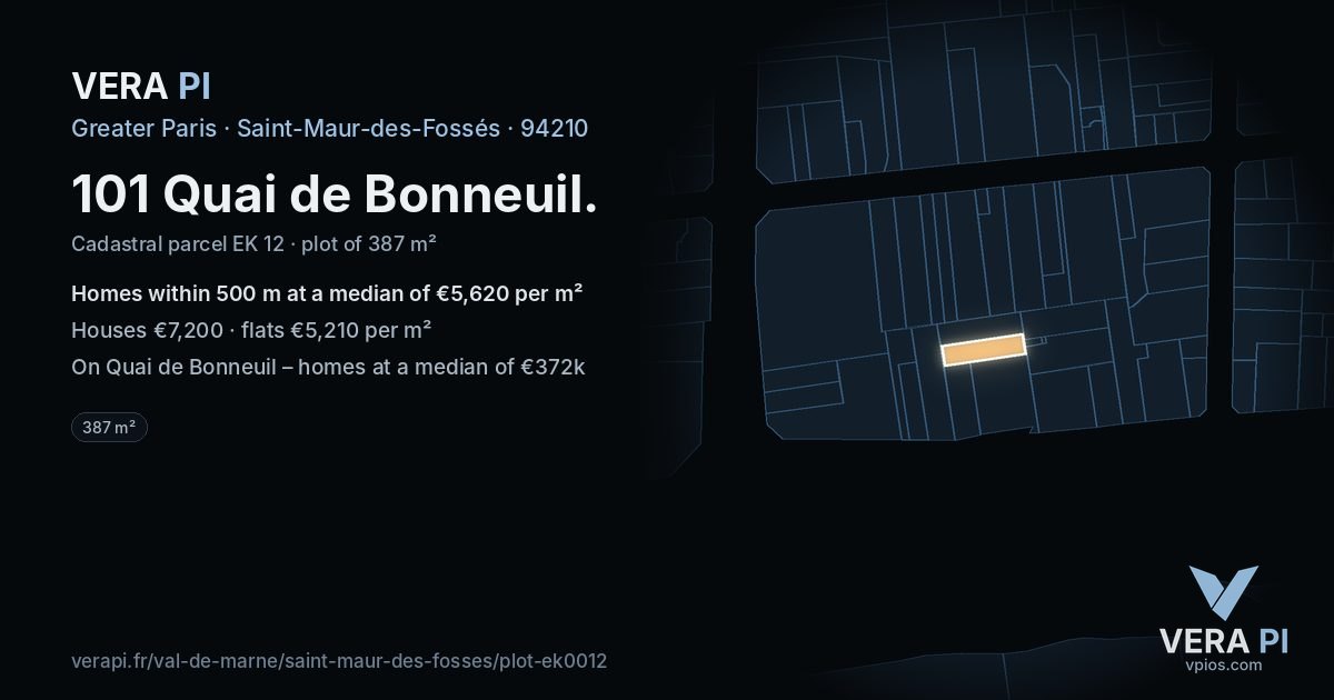 101 Quai de Bonneuil, Saint-Maur-des-Fossés at night – the plot lit, the parcels around coloured by the prices near them