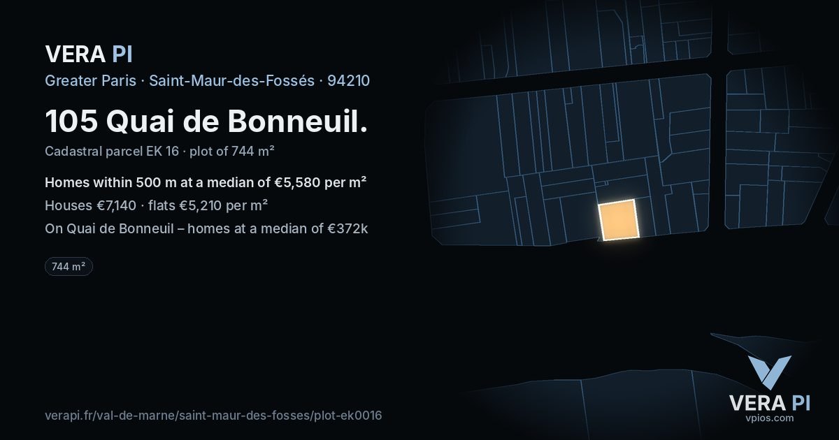 105 Quai de Bonneuil, Saint-Maur-des-Fossés at night – the plot lit, the parcels around coloured by the prices near them