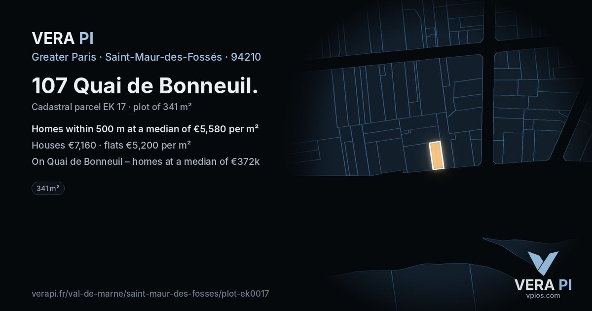 107 Quai de Bonneuil, Saint-Maur-des-Fossés at night – the plot lit, the parcels around coloured by the prices near them
