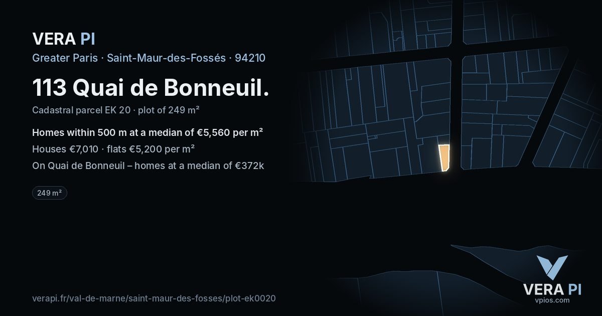 113 Quai de Bonneuil, Saint-Maur-des-Fossés at night – the plot lit, the parcels around coloured by the prices near them
