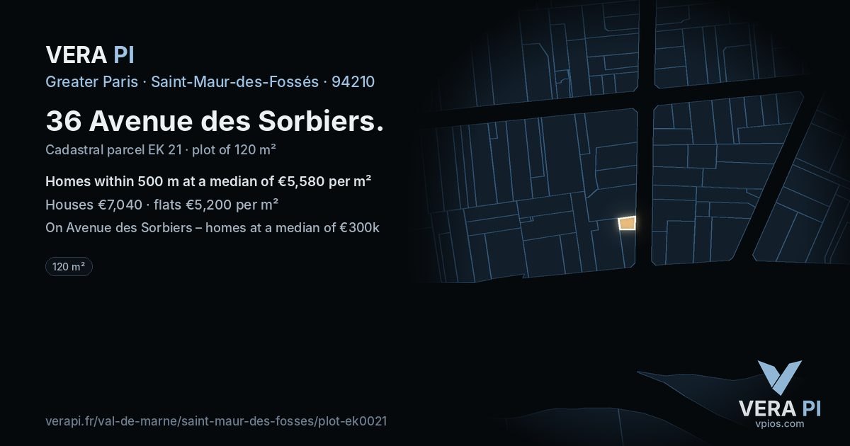 36 Avenue des Sorbiers, Saint-Maur-des-Fossés at night – the plot lit, the parcels around coloured by the prices near them