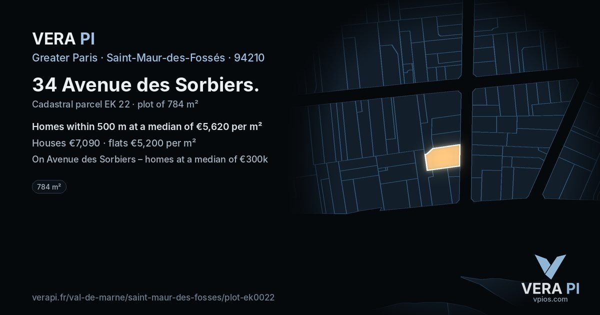 34 Avenue des Sorbiers, Saint-Maur-des-Fossés at night – the plot lit, the parcels around coloured by the prices near them