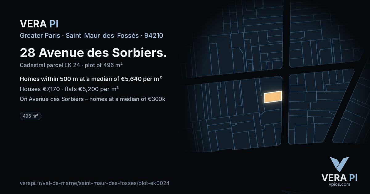 28 Avenue des Sorbiers, Saint-Maur-des-Fossés at night – the plot lit, the parcels around coloured by the prices near them