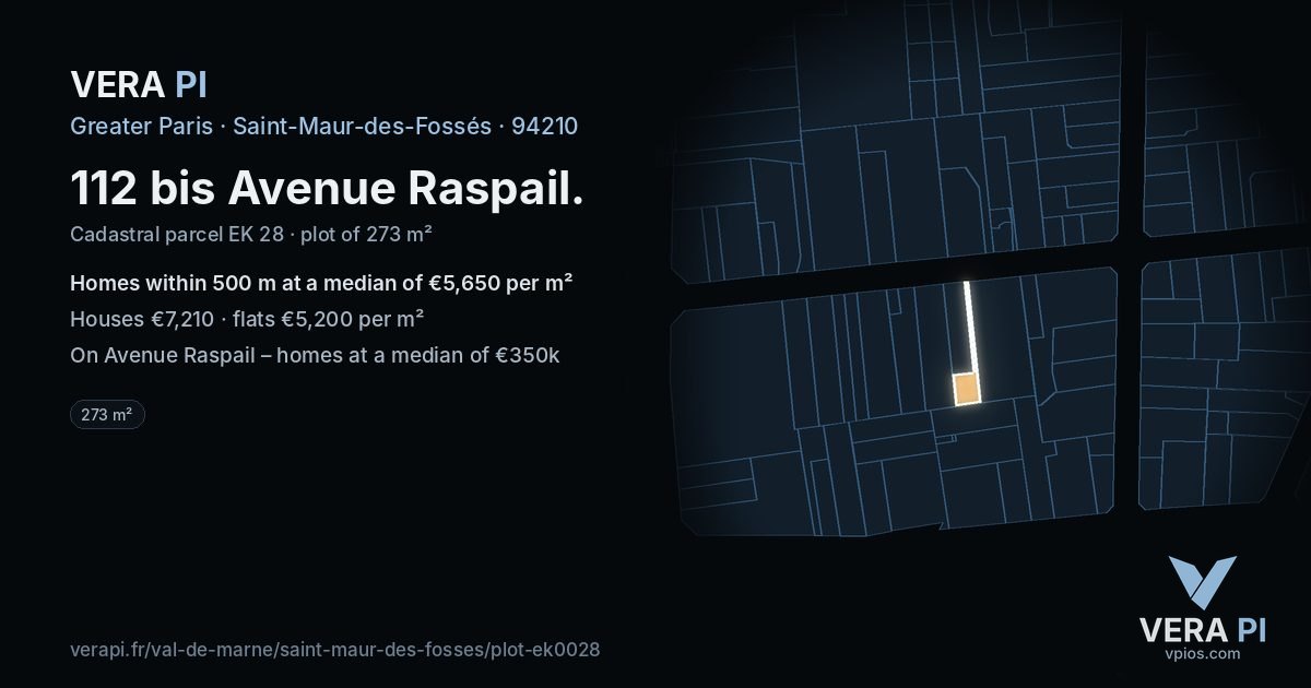 112 bis Avenue Raspail, Saint-Maur-des-Fossés at night – the plot lit, the parcels around coloured by the prices near them